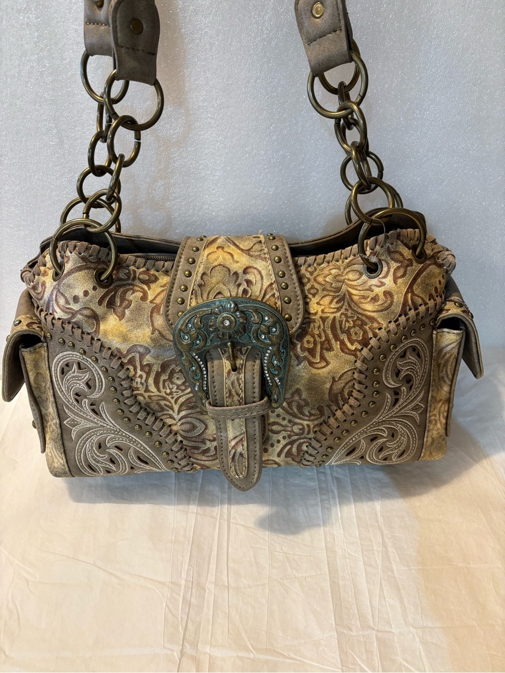 Montana West Taupe Metallic Floral Embossed Satchel with Antique Buckle